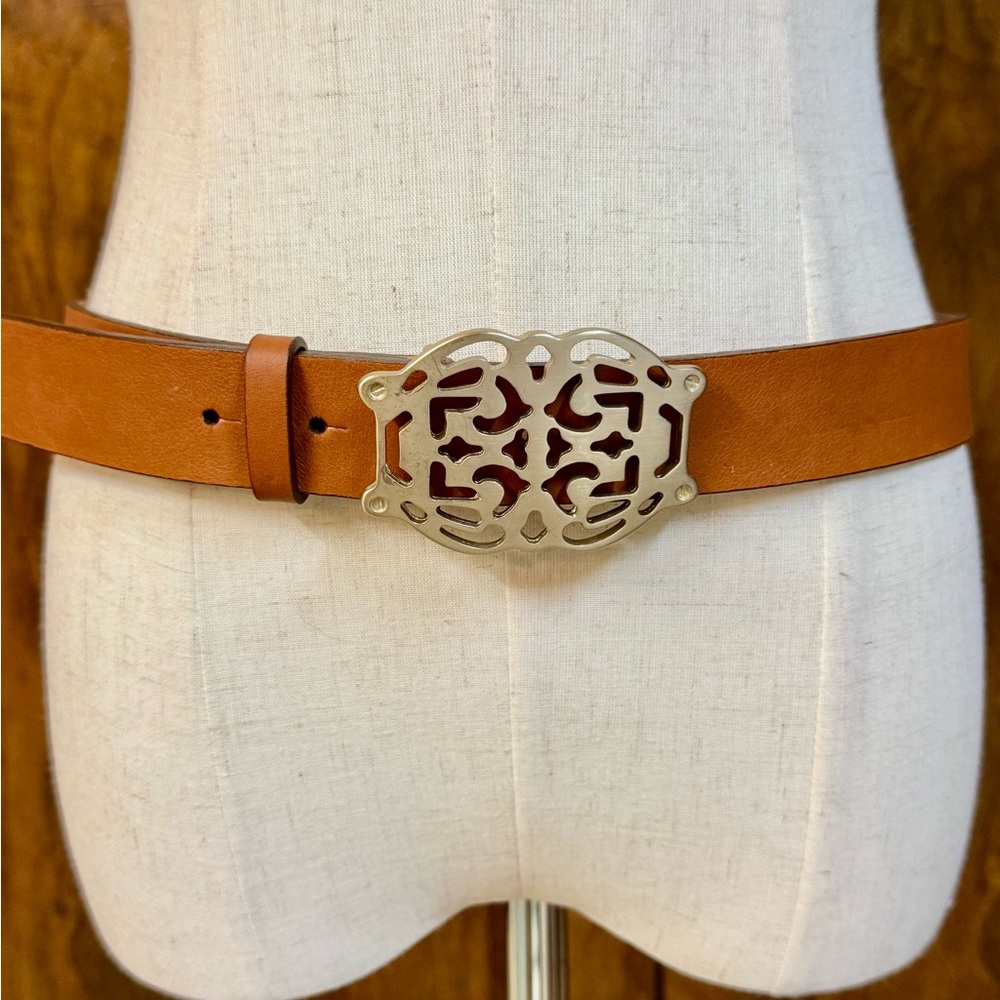 VTG Cole Haan Tan Leather Belt with Intricate Silver Buckle Sz S